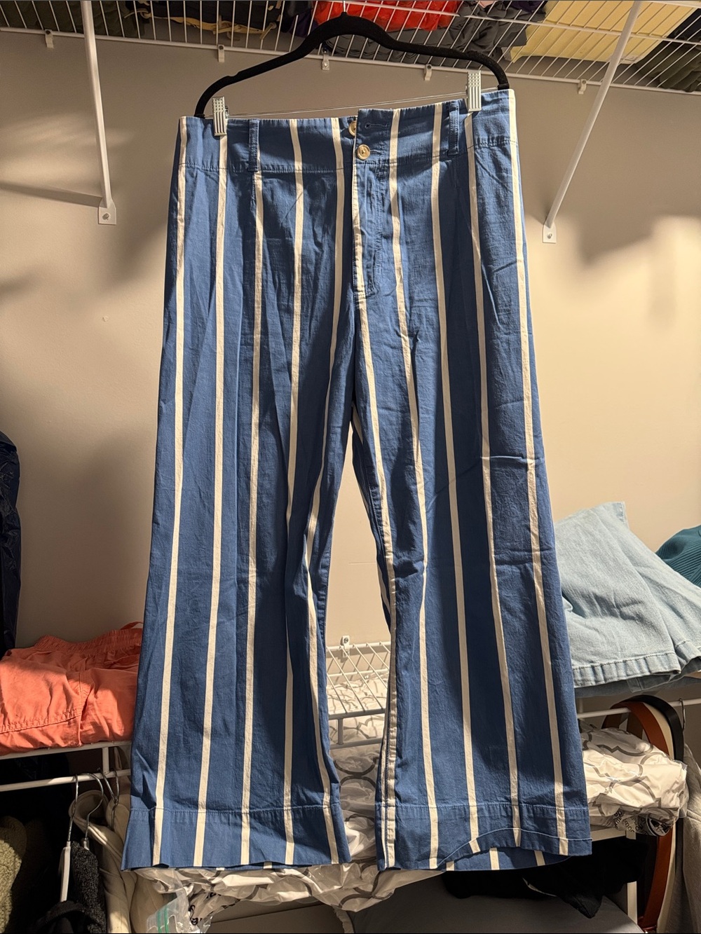LC Lauren Conrad Blue and White Vertical-Stripe Bootcut Pants